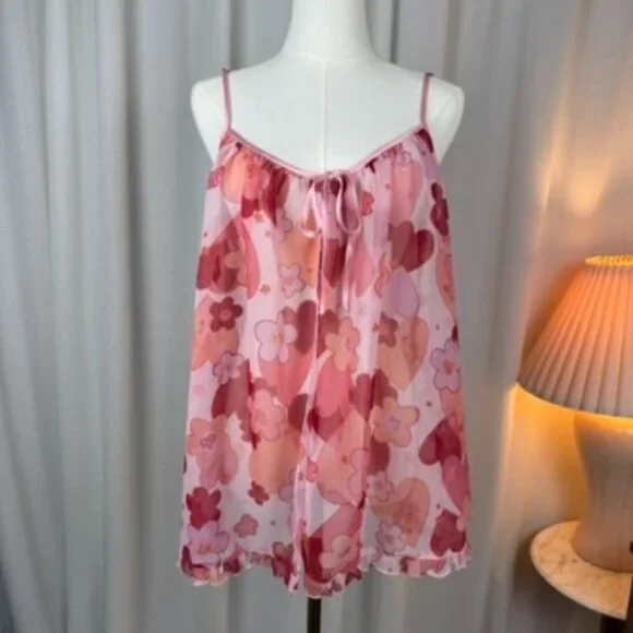 La Senza Y2K Pink Hearts Floral Chiffon Ruffle Slip Medium - Picture 1 of 9